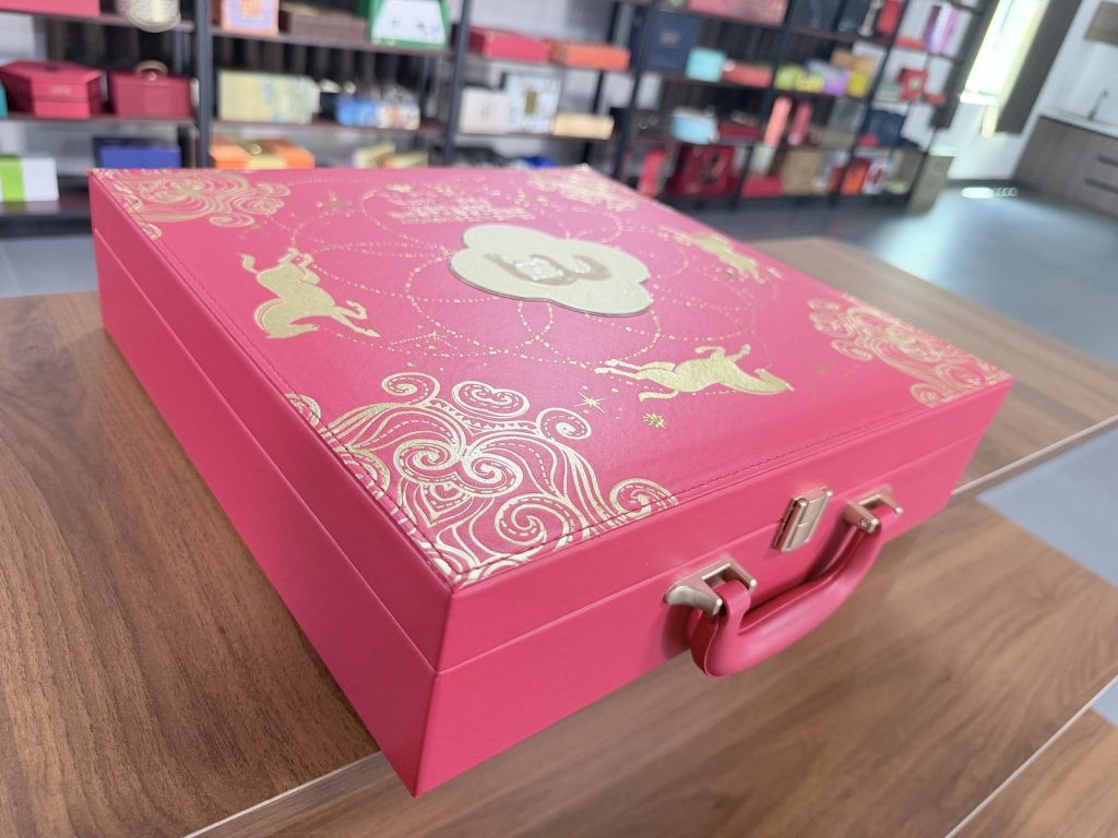 Luxury Red Gift Box With Gold Embroidery Pattern And Gold Hardware - view