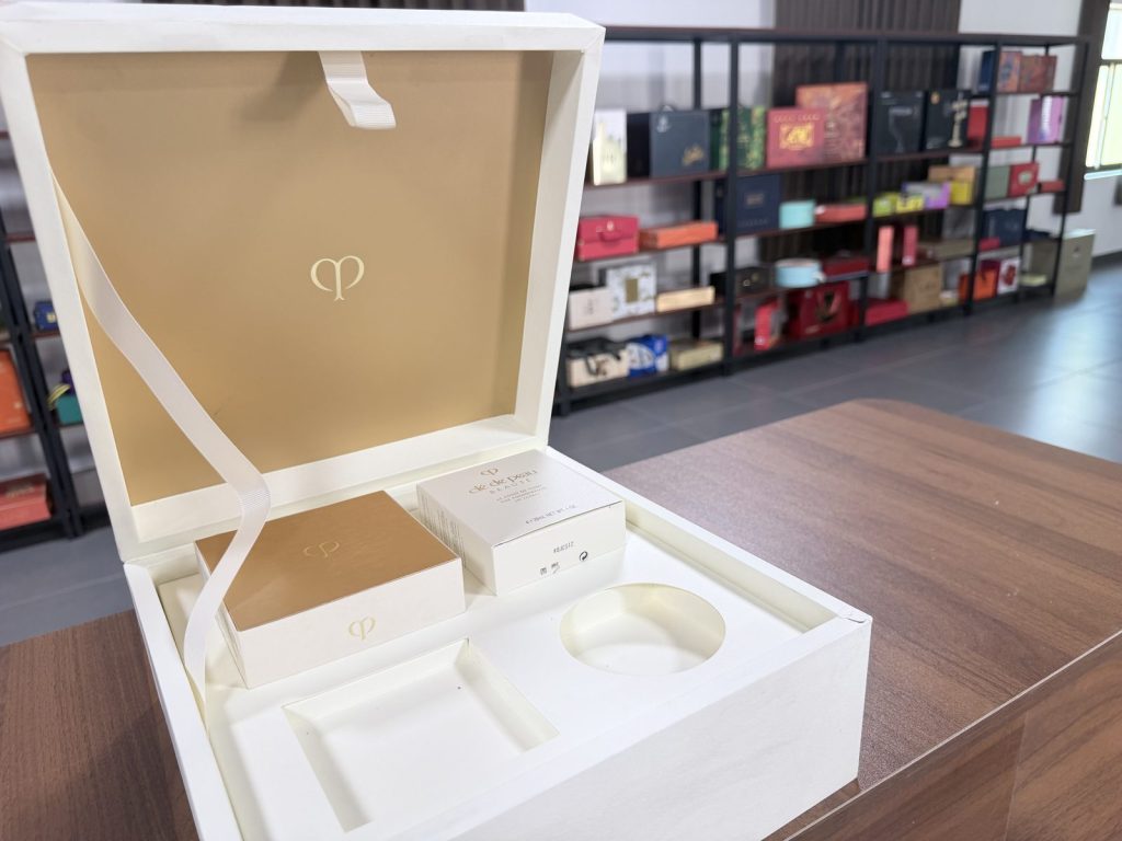 Elegant White Wedding Jewelry Gift Box With Gold Interior And Ribbon - view 