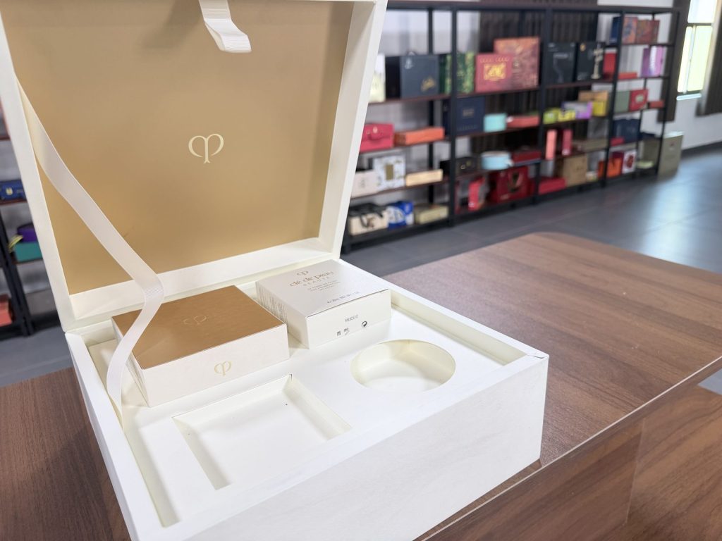 Elegant White Wedding Jewelry Gift Box With Gold Interior And Ribbon - view 