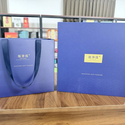 Luxury Blue Gift Box And Bag Set With Gold Label For Premium Packaging