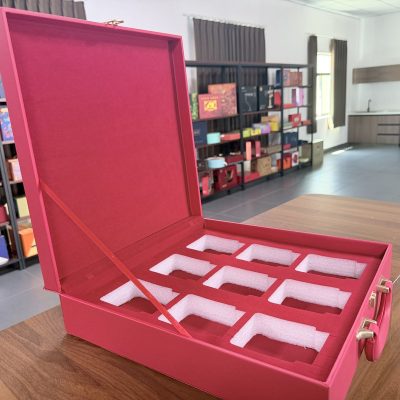 Maroon Twelve Slot Jewelry Gift Box Set With Gold Logo And Handle