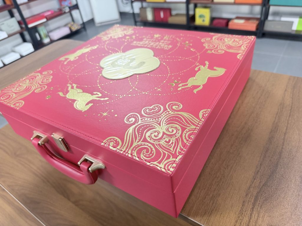 Luxury Red Gift Box With Gold Embroidery Pattern And Gold Hardware