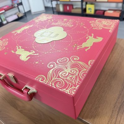 Luxury Red Gift Box With Gold Embroidery Pattern And Gold Hardware