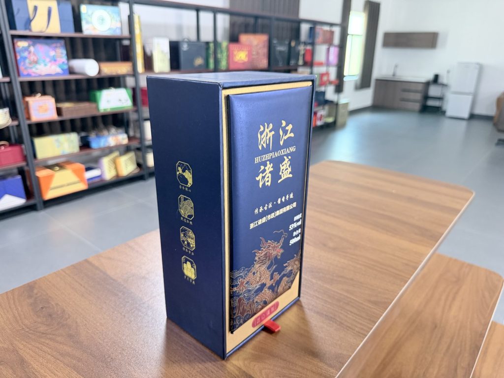 Luxury Navy Blue Gift Box With Gold Chinese Calligraphy And Gold Trim