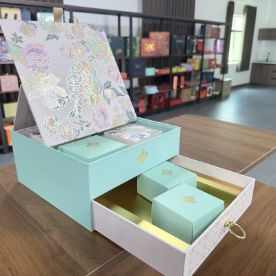 Elegant Floral Two Tier Drawer Gift Box Set With Mint Green Design