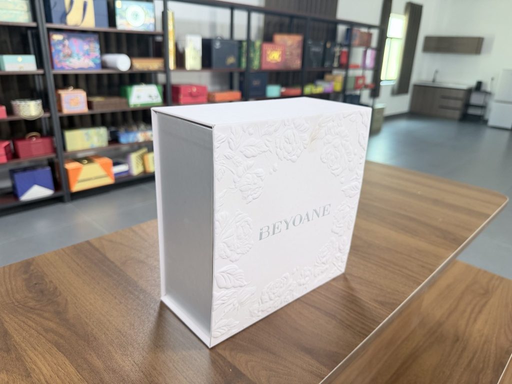 Elegant White Magnetic Gift Box With Embossed Floral BEYOANE Branding