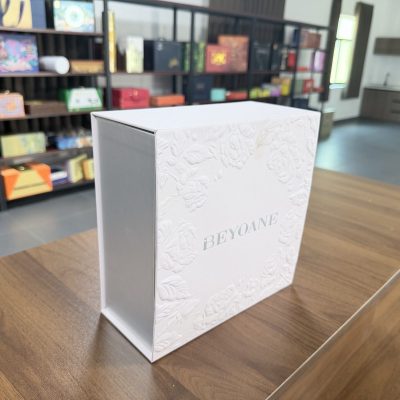 Elegant White Magnetic Gift Box With Embossed Floral BEYOANE Branding