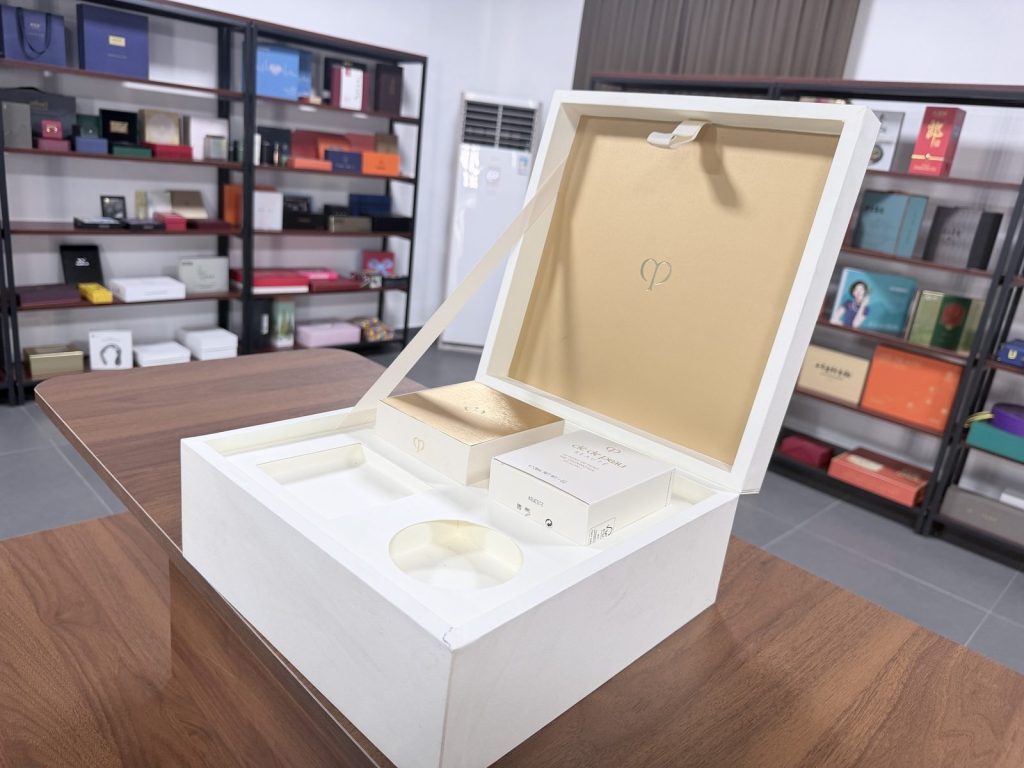 Elegant White Wedding Jewelry Gift Box With Gold Interior And Ribbon - view 