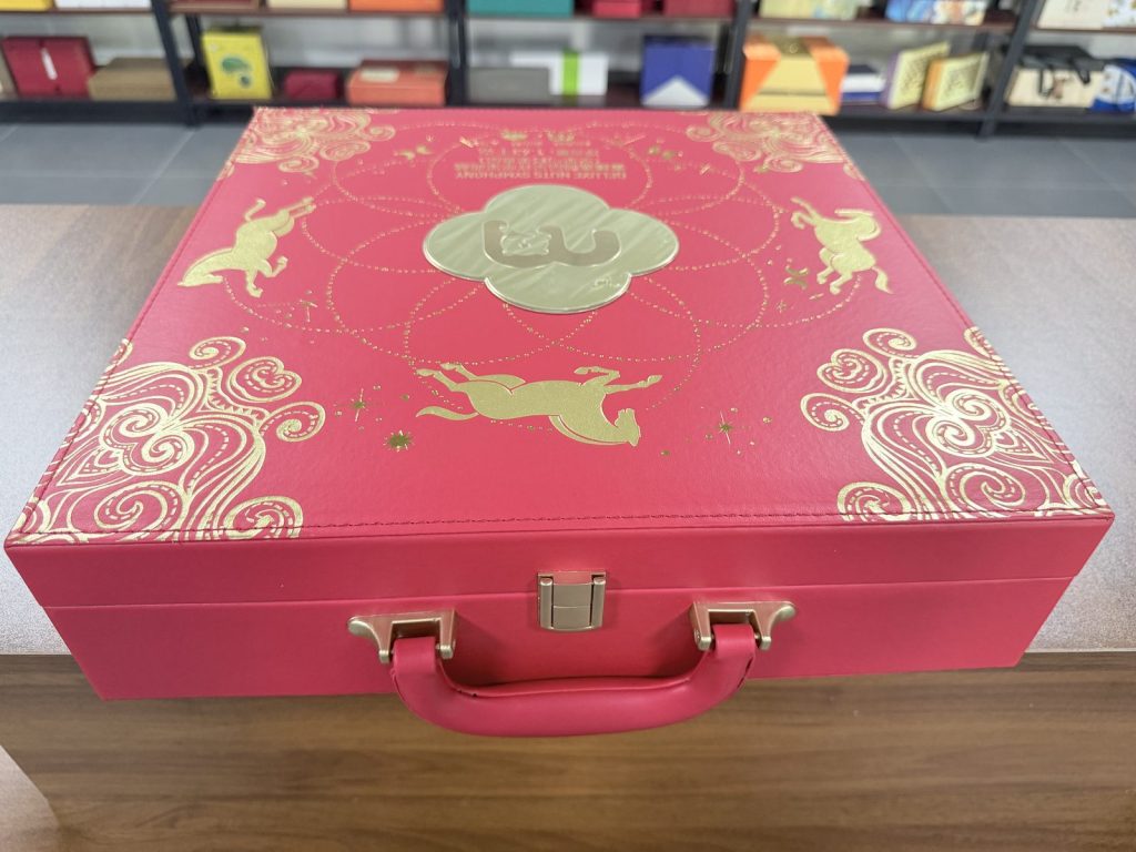 Luxury Red Gift Box With Gold Embroidery Pattern And Gold Hardware - view